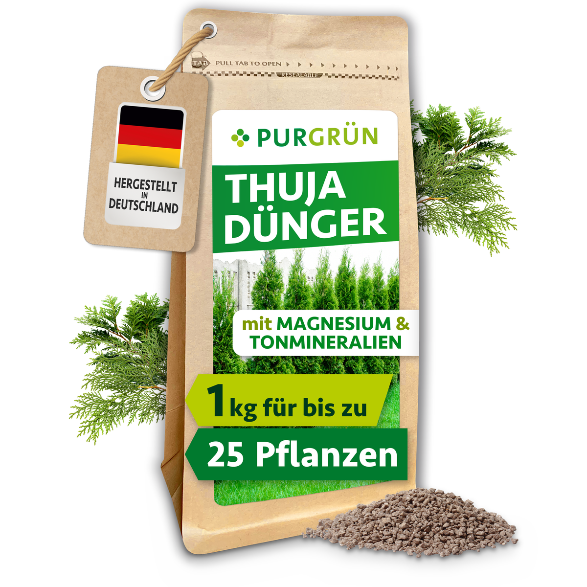 Purgrün Thuja-Dünger, 1 kg, im wiederverschließbaren Beutel mit sichtbarem Granulat und Thuja-Zweigen.