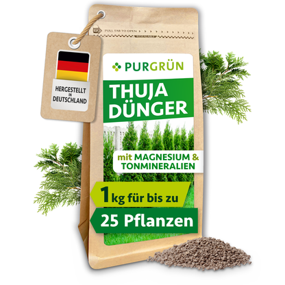 Purgrün Thuja-Dünger, 1 kg, im wiederverschließbaren Beutel mit sichtbarem Granulat und Thuja-Zweigen.