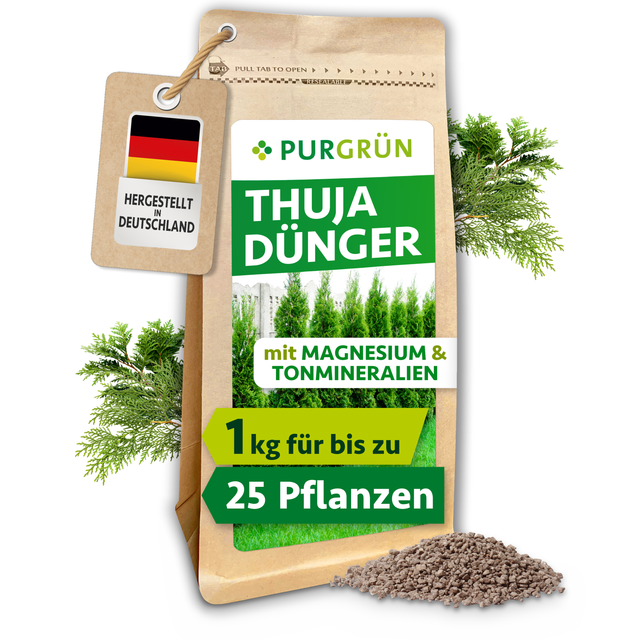 Purgrün Thuja-Dünger, 1 kg, im wiederverschließbaren Beutel mit sichtbarem Granulat und Thuja-Zweigen.