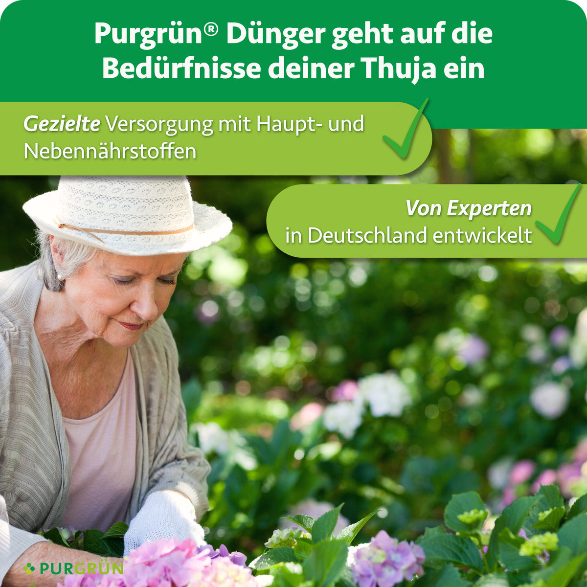 Purgrün Thuja-Dünger: gezielte Versorgung mit Haupt- und Nebennährstoffen, von Experten in Deutschland entwickelt.