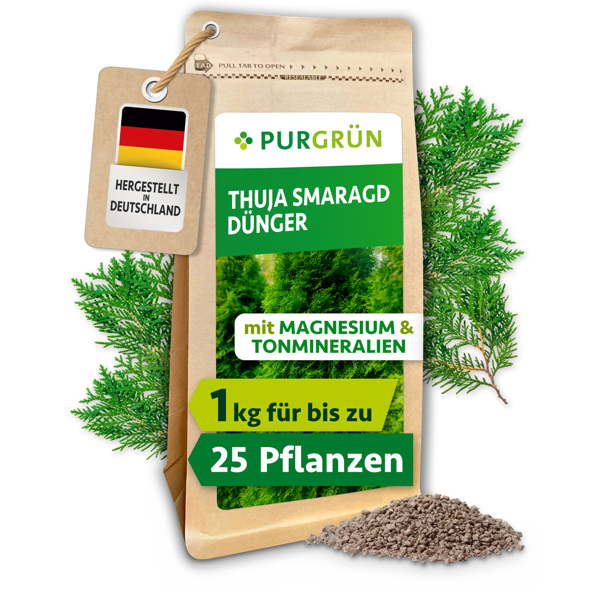 Purgrün Thuja-Smaragd-Dünger, 1 kg, vor Thuja-Zweigen und Granulat; mit Magnesium und Tonmineralien für bis zu 25 Heckenpflanzen.
