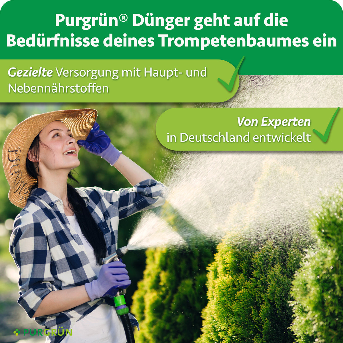 Purgrün Trompetenbaum-Dünger: gezielte Versorgung mit Haupt- und Nebennährstoffen, von Experten in Deutschland entwickelt.