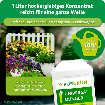 Ein Liter Universaldünger-Konzentrat reicht für bis zu 400 Liter Gießwasser; die Dosierkappe ermöglicht eine einfache und sichere Dosierung.