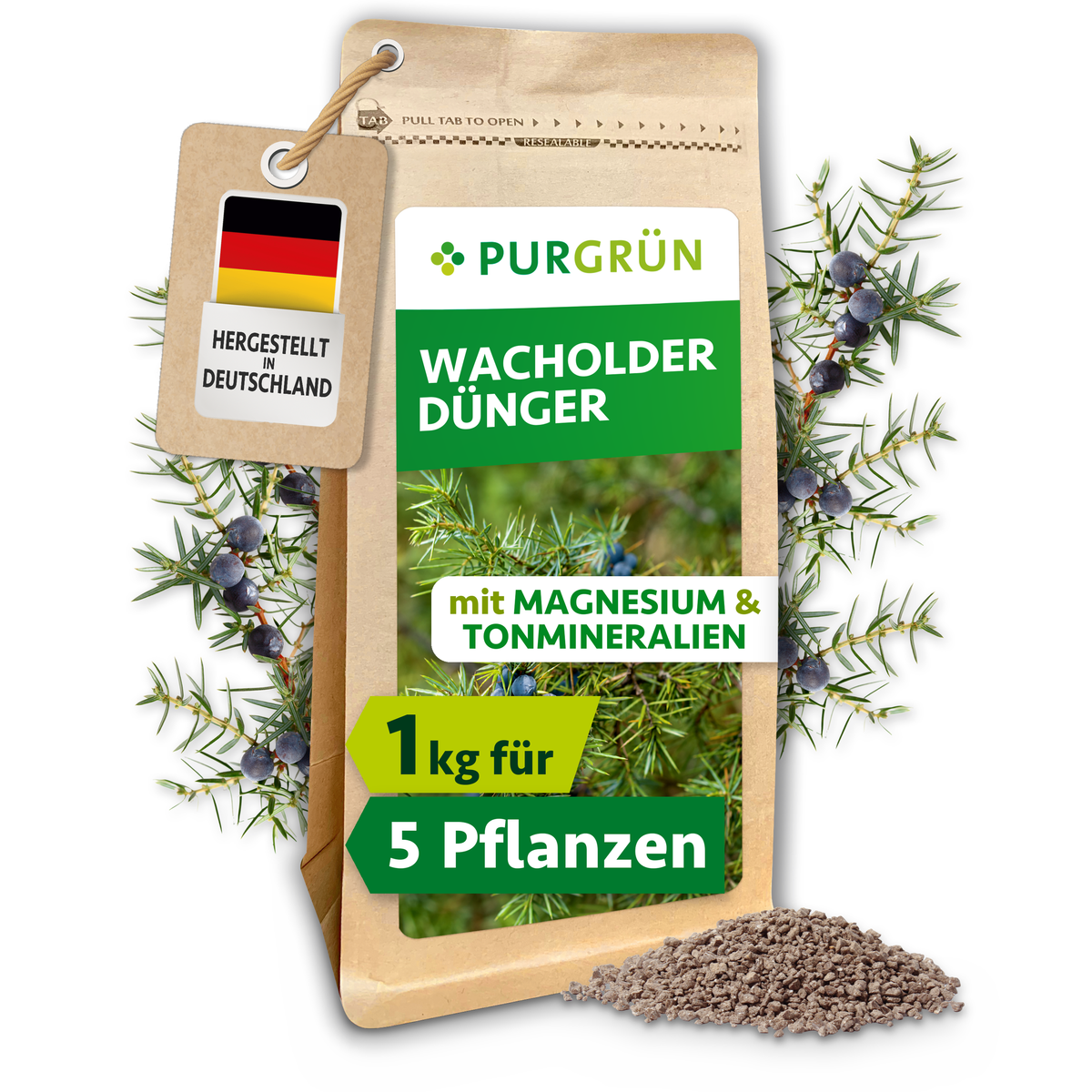 Purgrün Wacholder-Dünger im 1-kg-Beutel mit Wacholderzweigen und feinem Granulat; ausreichend für ca. 5 Pflanzen.