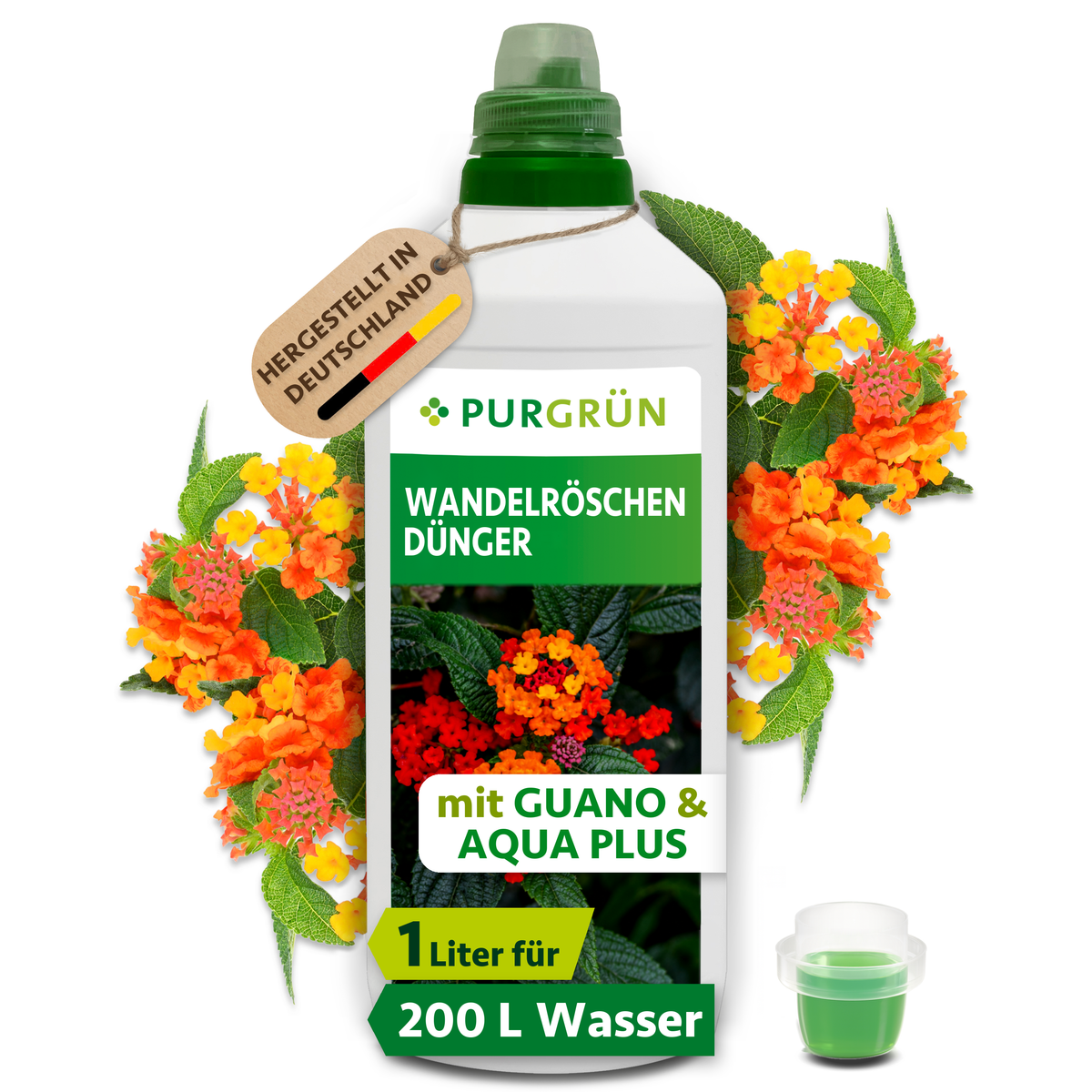 Purgrün Wandelröschen-Dünger in der 1-Liter-Flasche mit Dosierkappe, umgeben von orange-gelben Blüten; ausreichend für ca. 200 Liter Gießwasser.