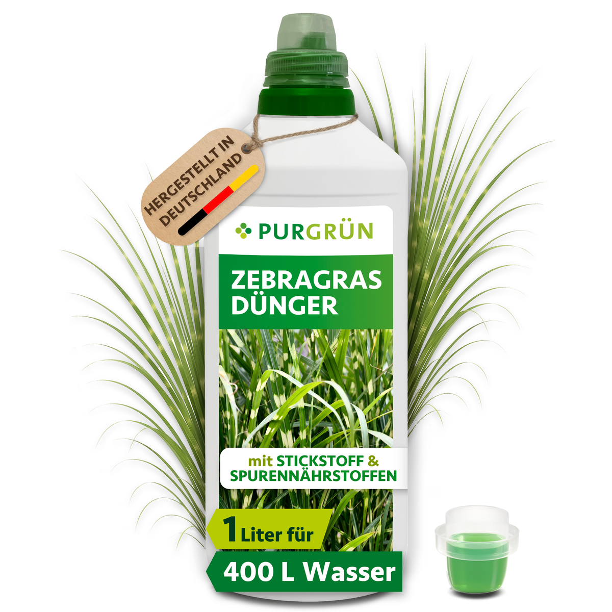 Purgrün Zebragras-Dünger in der 1-Liter-Flasche mit Dosierkappe; das Konzentrat reicht laut Etikett für ca. 400 Liter Gießwasser.
