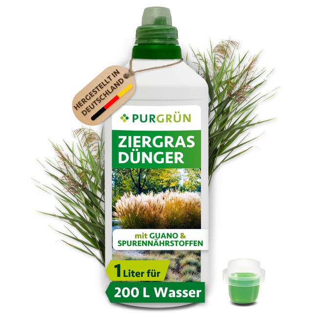 Purgrün Ziergras-Dünger in der 1-Liter-Flasche mit Dosierkappe, ausreichend für ca. 200 Liter Gießwasser.
